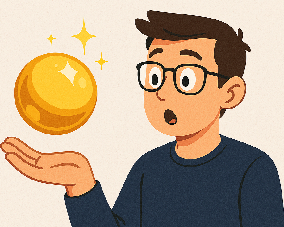 A surprised developer holding a glowing golden orb